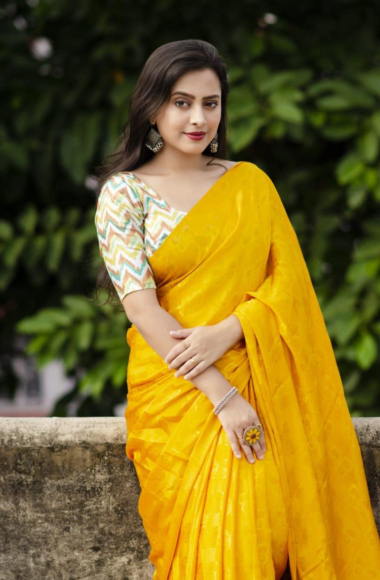 Mustard Silk Blend Ethnic Motifs Saree with Unstitched Blouse - A2M | Grocsy