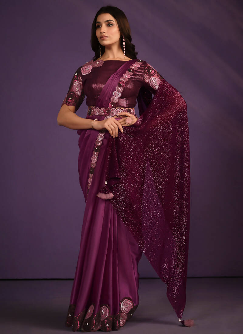 Purple Crepe Satin Silk Embroidered Saree With Stitched Blouse - Mohmanthan Exotica | Grocsy