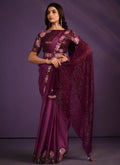 Purple Crepe Satin Silk Embroidered Saree With Stitched Blouse - Mohmanthan Exotica | Grocsy