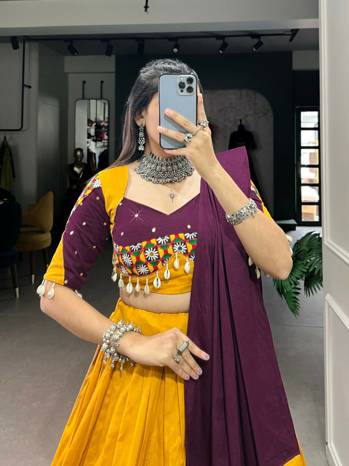 Vastranavya Navaratri Special Pure Cotton Paper Mirror Handwork With Gamthi Work With Gota Patti Touch Up Lehenga with Stitched Blouse - Mustard | Grocsy