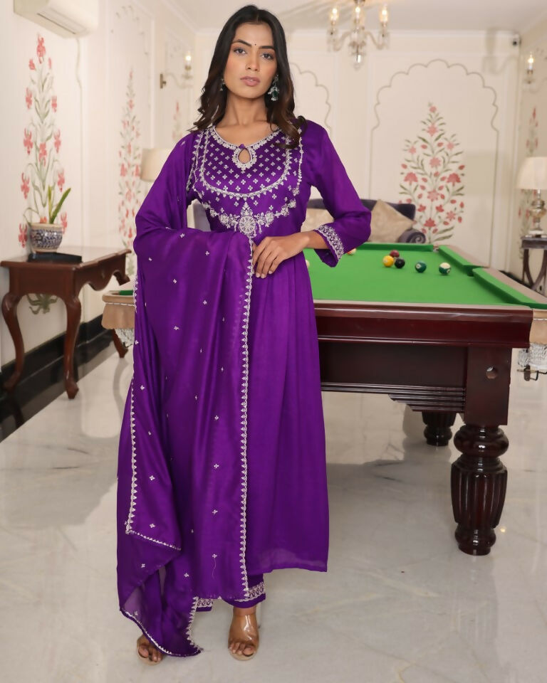 Jyoti Fashion Women's Purple Soft Silk Embroidered Designer Kurta Set | Grocsy
