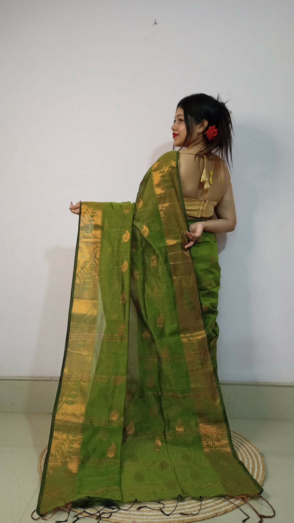 Exclusive Collection Beautiful Olive Green Cotton Silk Woven Handloom Saree With Running Blouse Piece | Grocsy