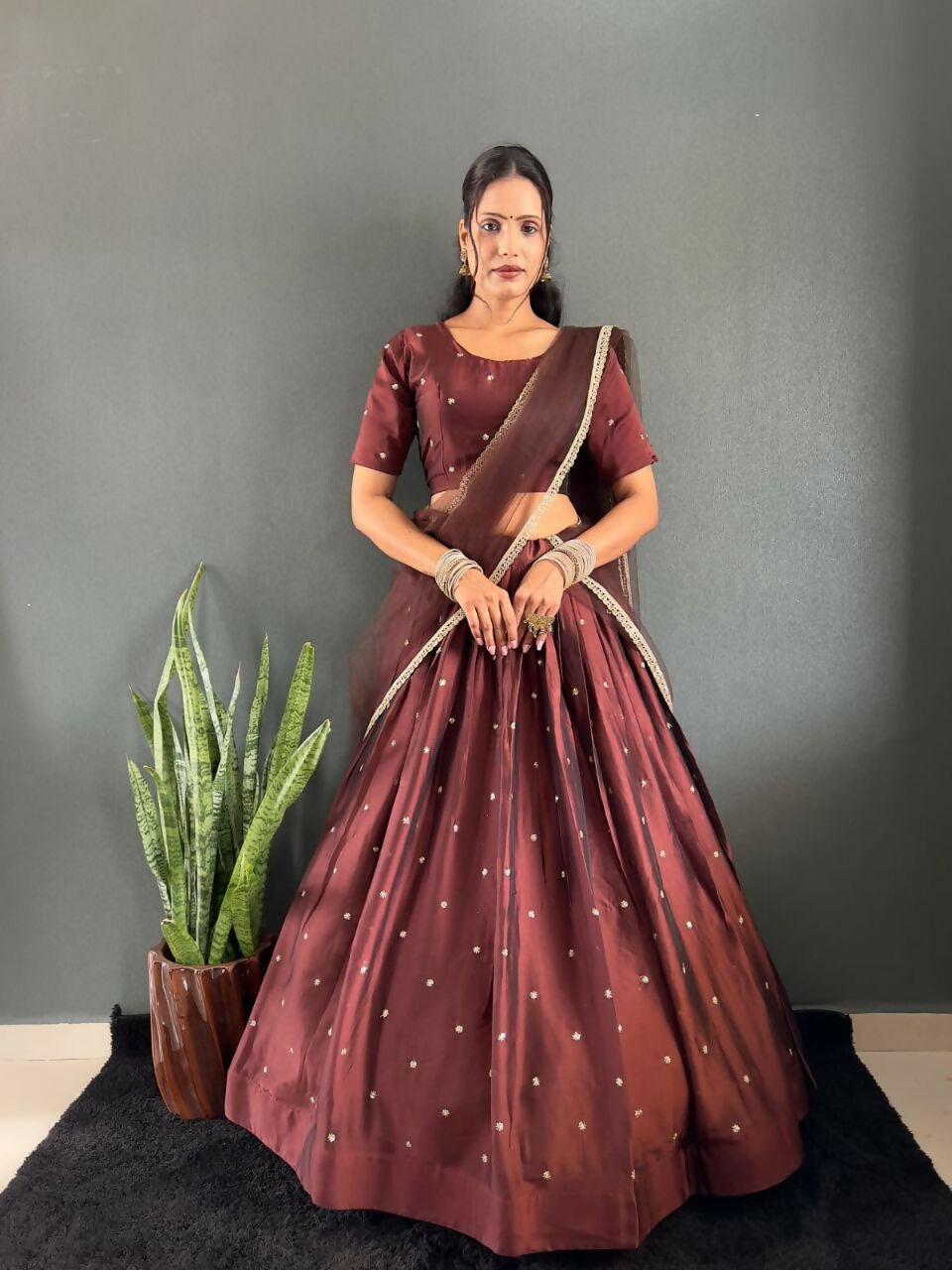 Teeya Creation New Trendy Stylist South Style Lehenga Choli Set - Brown | Grocsy