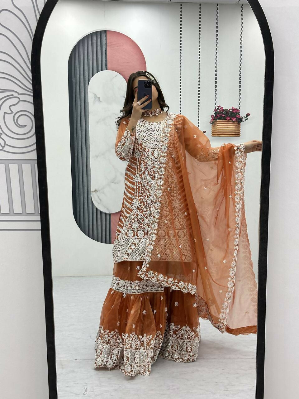 Teeya Creation Womens New Trendy Heavy Embroidery Sequence Work Orange Kurta Set | Grocsy