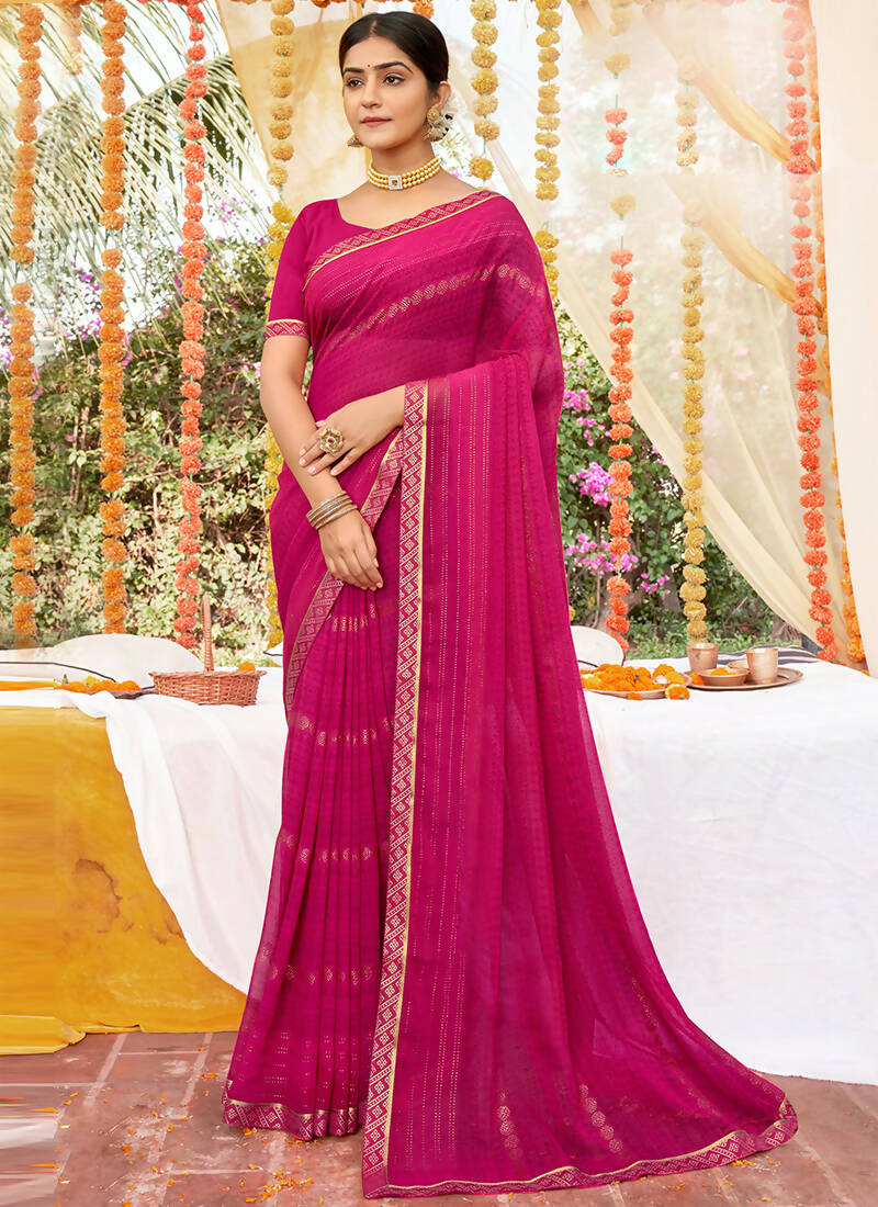 Pink Georgette Foil Printed Saree with Unstitched Blouse Piece - Avika | Grocsy