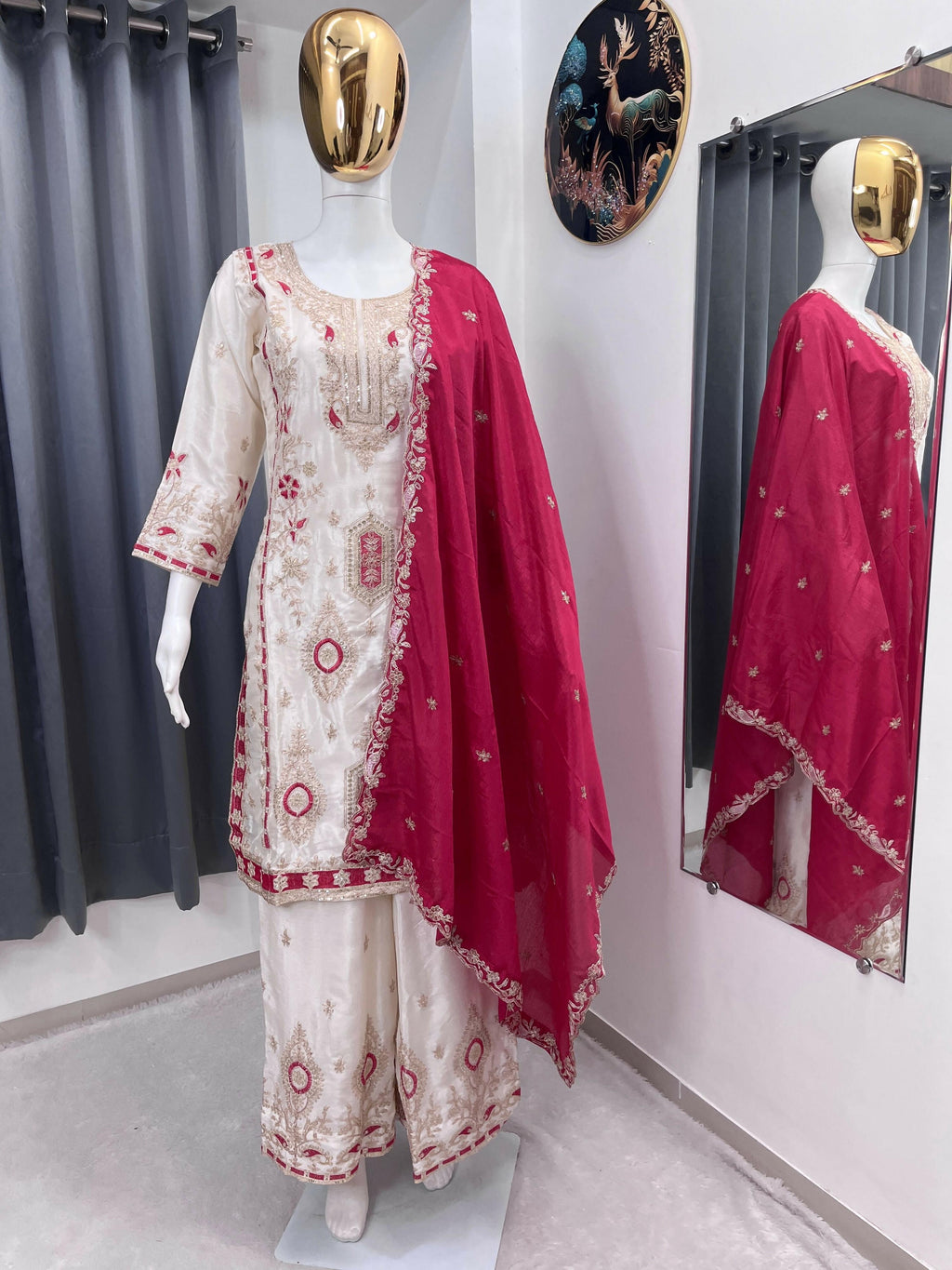 Teeya Creation White Color Chinon Silk Party Wear Trending Palazzo Set | Grocsy