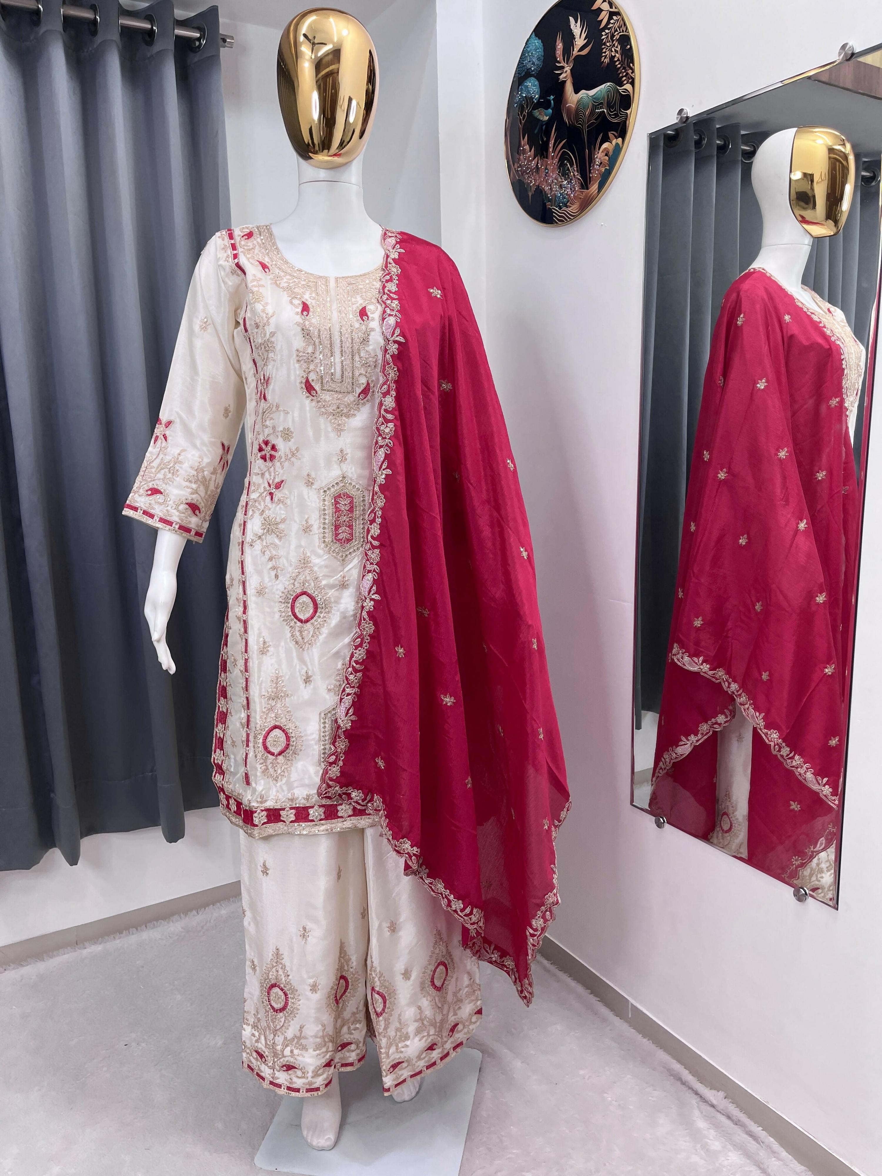 Teeya Creation White Color Chinon Silk Party Wear Trending Palazzo Set | Grocsy