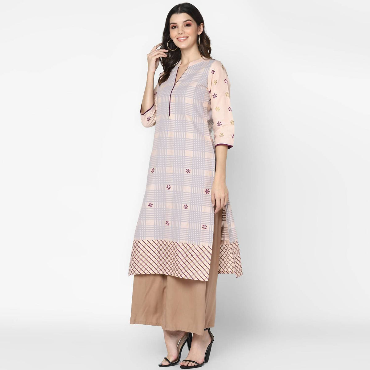 Cheera Hand Block Print Pale Pink Anarkali Kurta (MAAI-062K) | Grocsy