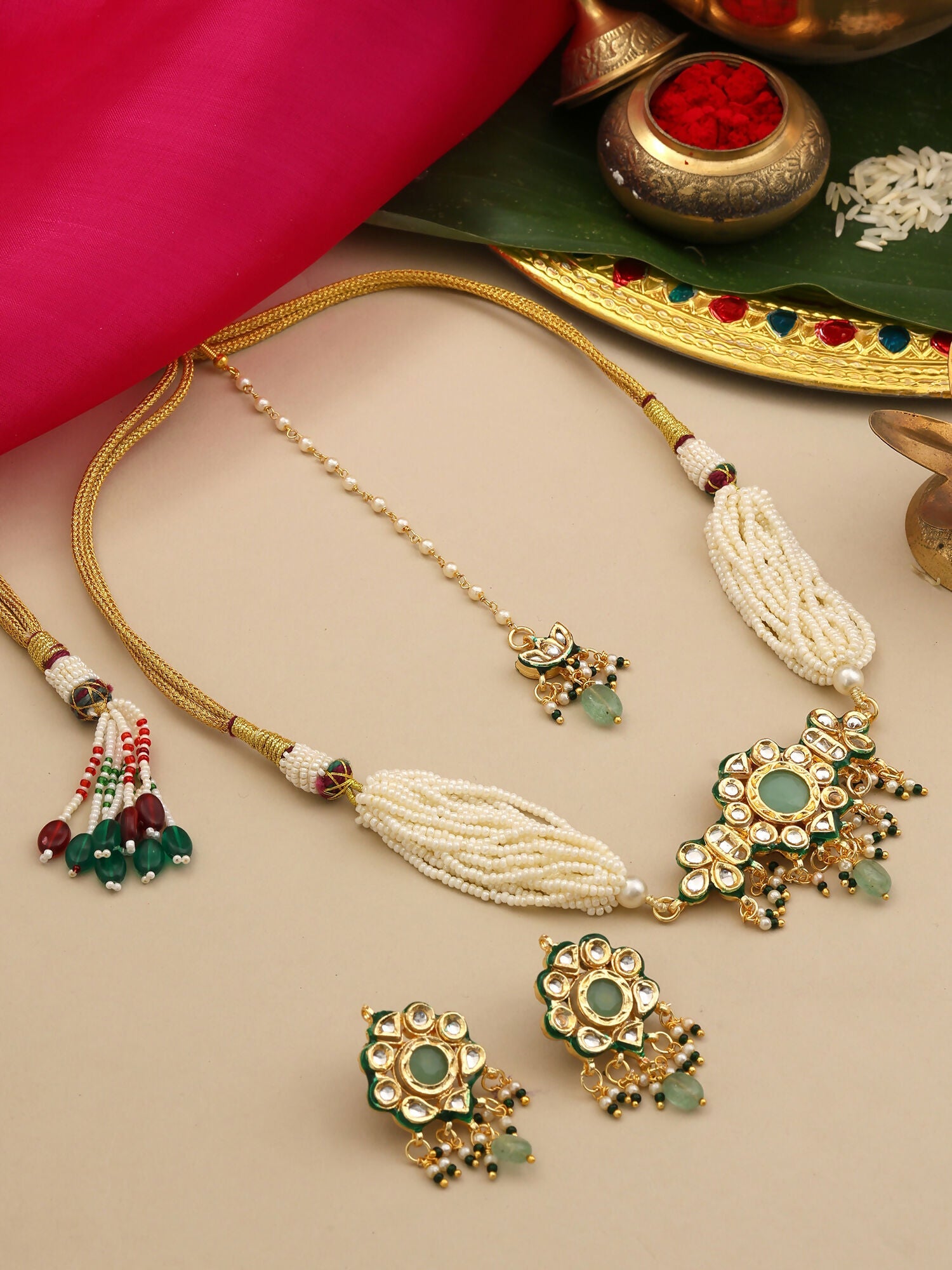 Ruby Raang Green-Gold Kundan Neck Piece With Matching Earrings And Maang Tikka | Grocsy
