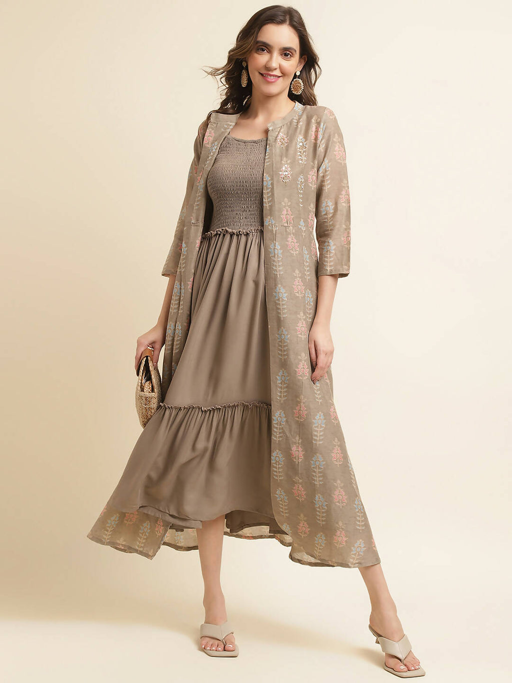 Brown Cotton Solid Flared Dress with Printed Shrug - Yukti | Grocsy