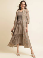 Brown Cotton Solid Flared Dress with Printed Shrug - Yukti | Grocsy