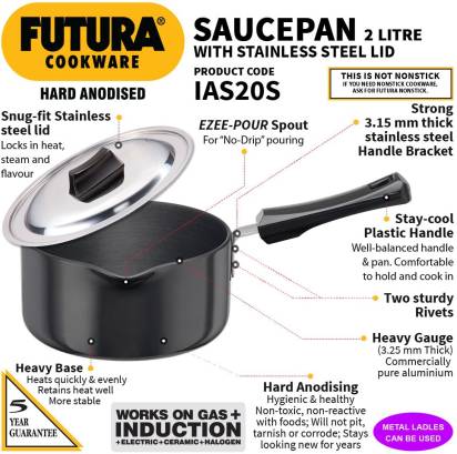 Hawkins Hard Anodised Sauce Pan 18 cm Diameter with Lid 2 L (IAS20S) | Grocsy