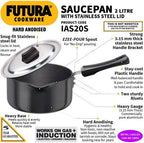 Hawkins Hard Anodised Sauce Pan 18 cm Diameter with Lid 2 L (IAS20S) | Grocsy