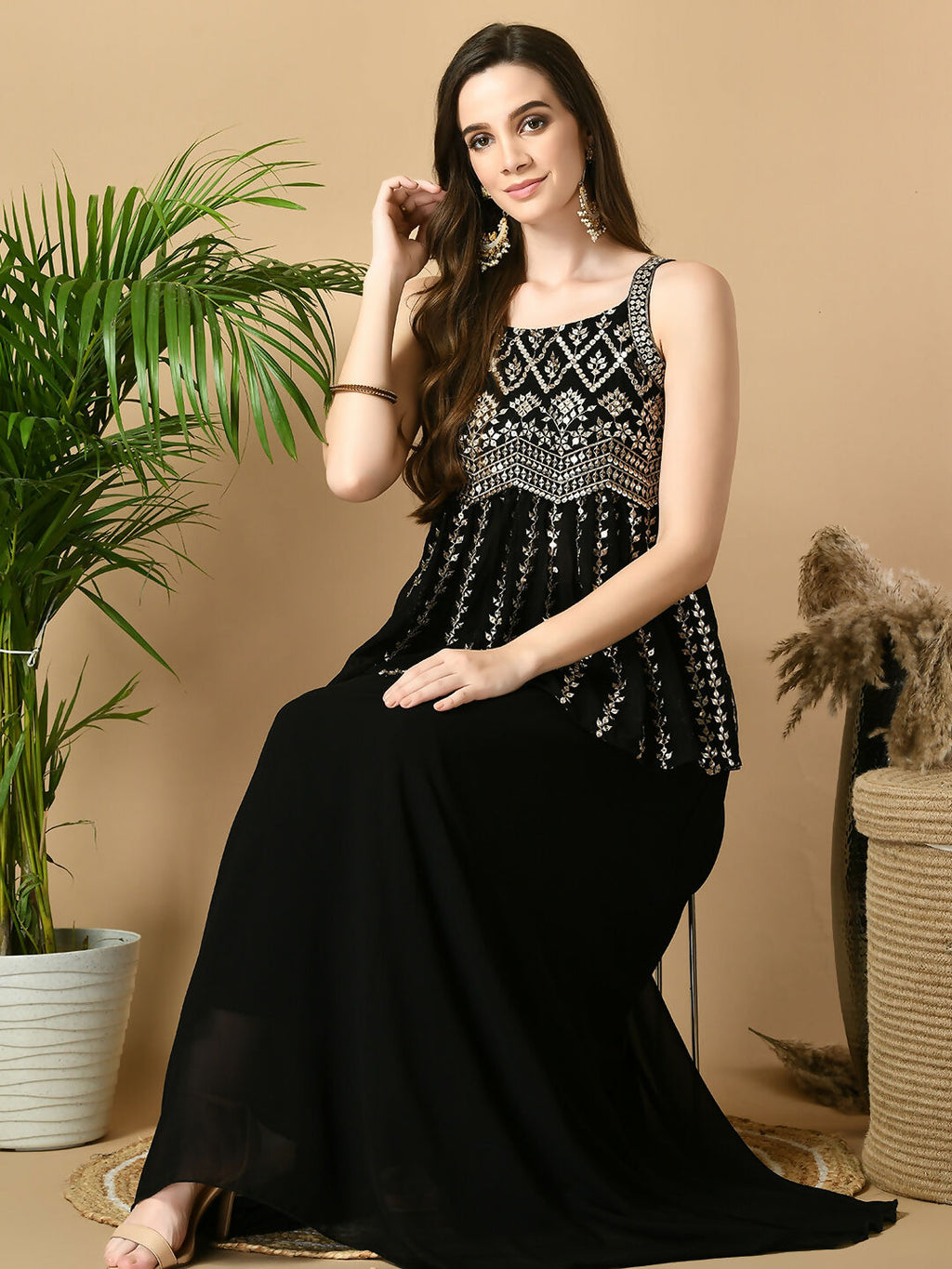 Myshka Women's Black Georgette Top With Skirt Party Sets | Grocsy