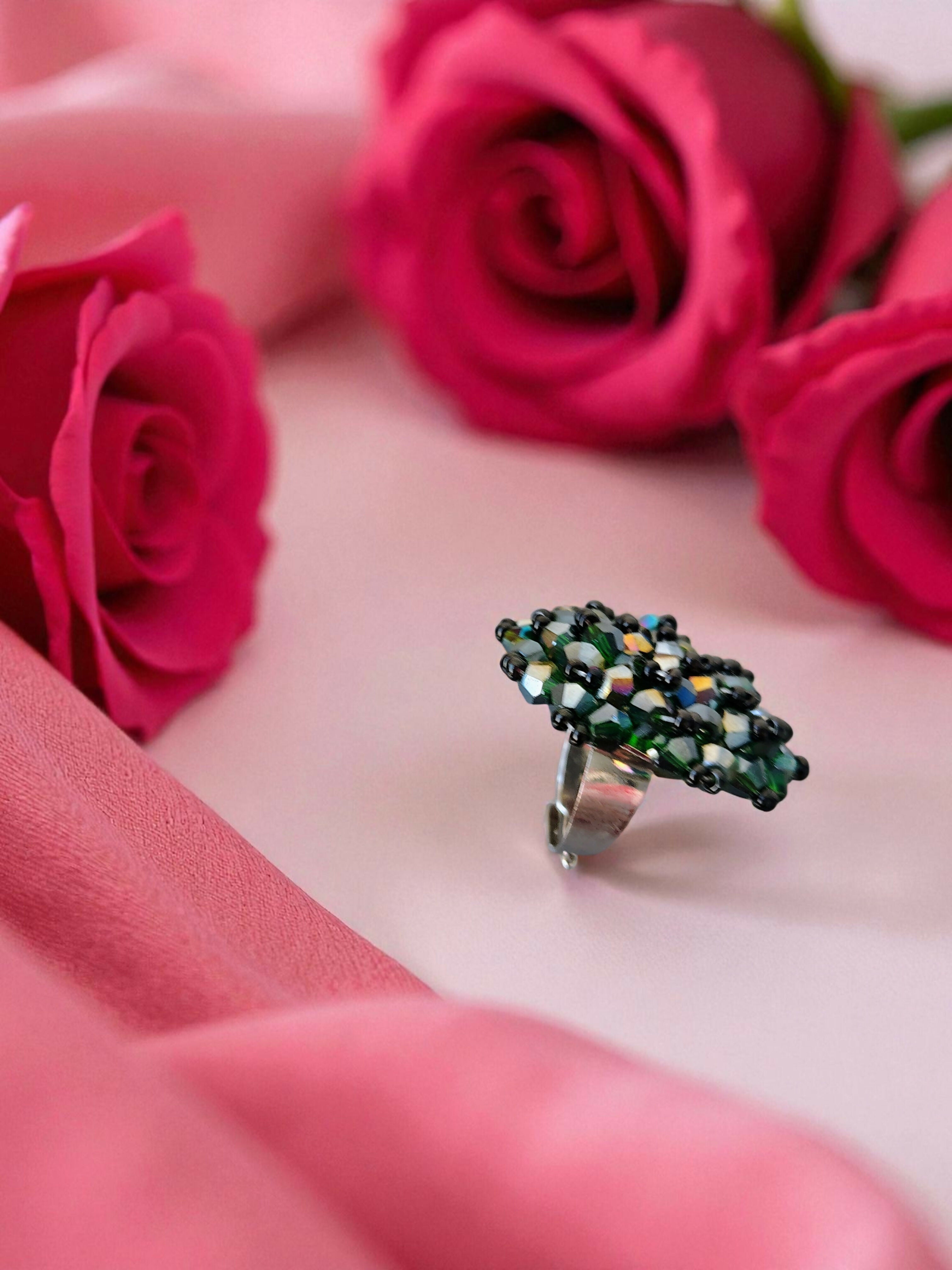 Inhanns Rang-E-Roshan Adjustable Ring – Handmade Crystal Statement Ring - Green Mix | Grocsy