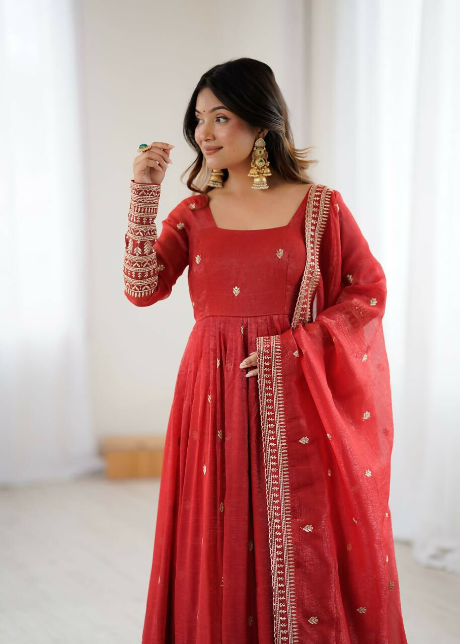 The52 Women's Beautiful Embroidery Work Crunchy Silk Fabric Flared Anarkali and Dupatta Set | Grocsy