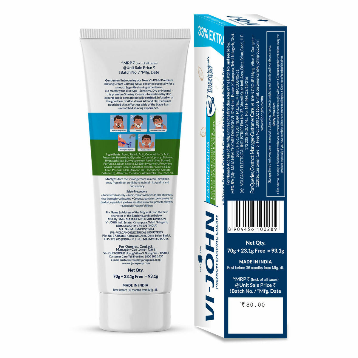 VI-JOHN Dermatologically Tested Premium Claming Aqua Shaving Cream Enriched with Aloevera & Almond Oil free From Silicone,Paraben & Mineral Oil | Grocsy