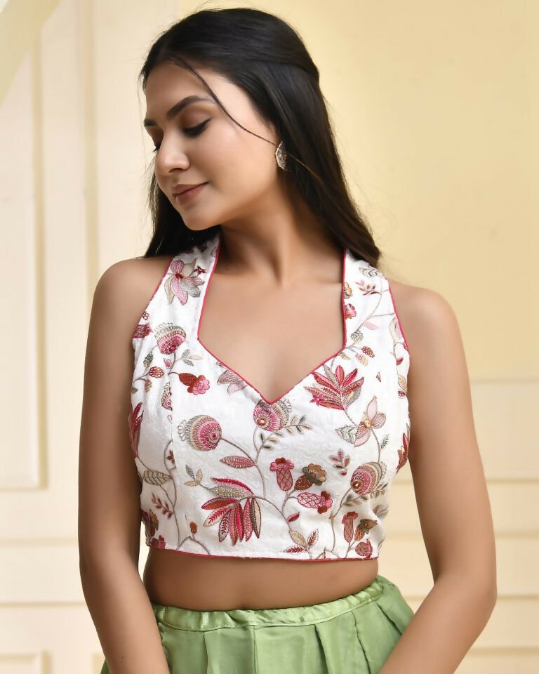 Amodini Designer Studio Floral White Halter Neck Sequined Blouse | Grocsy