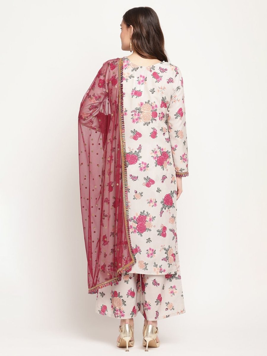 Ahalyaa Women Beige Floral Printed Regular Gotta Patti Kurta with Palazzos & With Dupatta | Grocsy