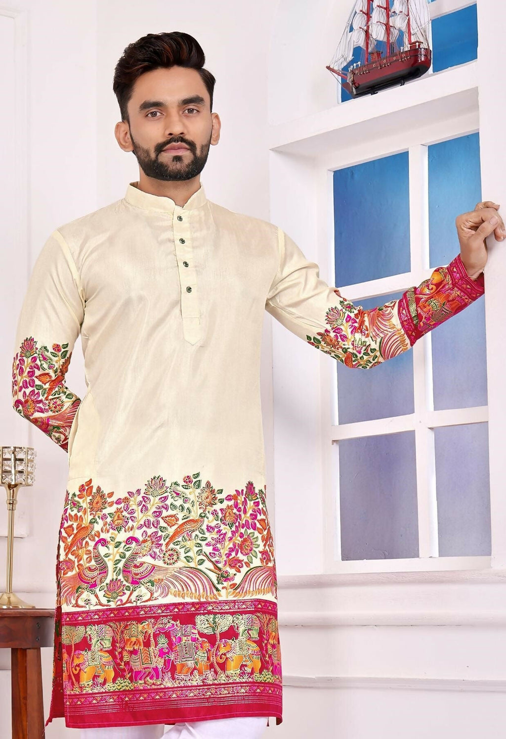 Anaita Beige Dola Silk Straight Kurta With Foil Work | Grocsy