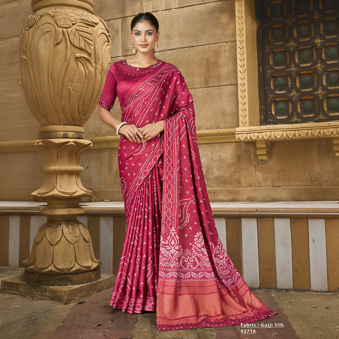 Pink Gajji Silk Bandhani Print With Mirror Hand Work Saree With Unstitched Blouse - Norita Gajri | Grocsy
