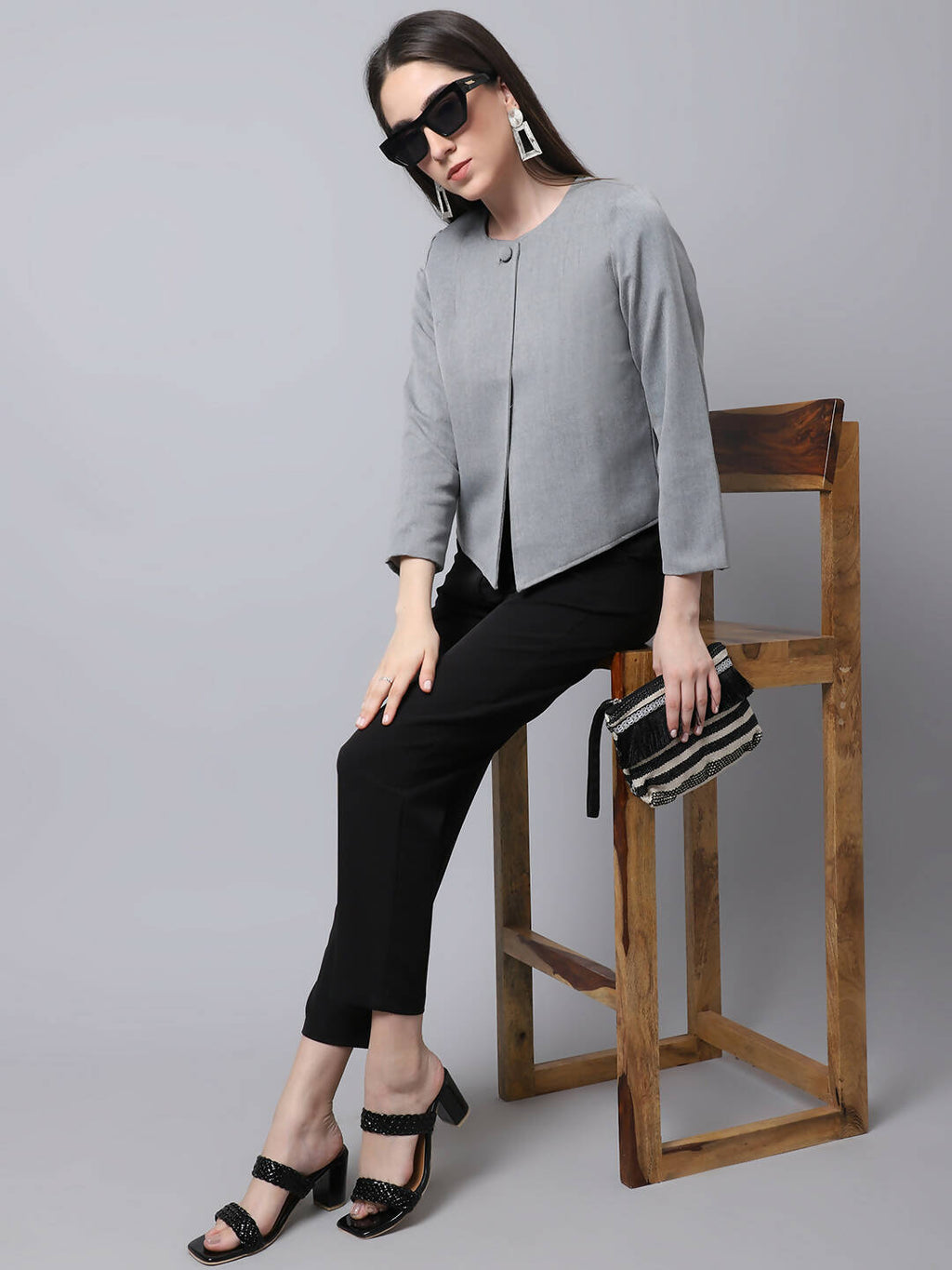 Even Apparels Grey Polywool Open Front Statement Women's Jacket | Grocsy