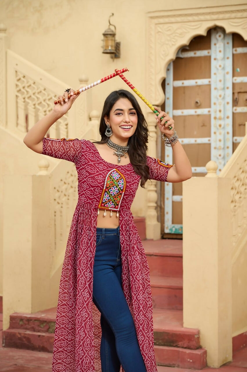 Vastranavya Maroon Navratri Special Kutchi Patch Work with Bandhani Printed Faux Georgette Kurti | Grocsy