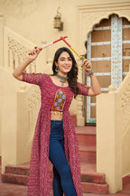 Vastranavya Maroon Navratri Special Kutchi Patch Work with Bandhani Printed Faux Georgette Kurti | Grocsy
