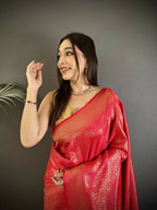 Joban Fashion Ruby Pink Floral Motifs & Ethnic Design Soft Satin Silk Kanchipuram Saree | Grocsy