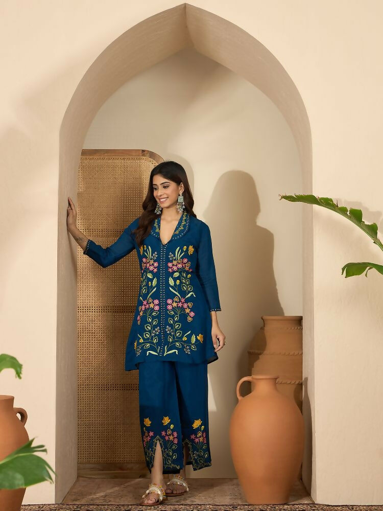 Joban Fashion Women Blue Roman Silk Embroidered Stitched Kurta Set | Grocsy