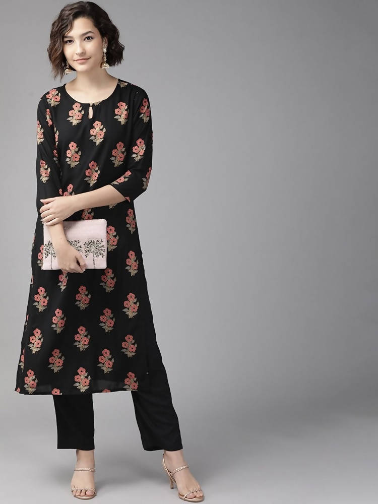 Yufta Black Ethnic Motifs Printed Kurta with Palazzo | Grocsy