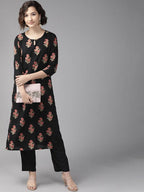 Yufta Black Ethnic Motifs Printed Kurta with Palazzo | Grocsy
