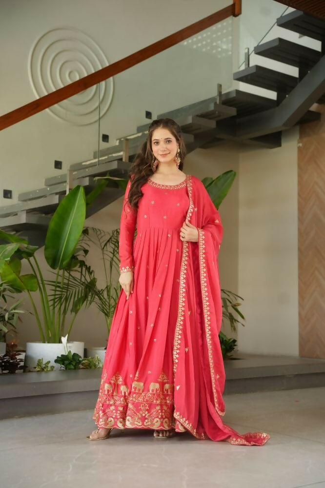 Vastranavya Gajri Chinnon with Embroidery Zari Sequins Work Gown | Grocsy