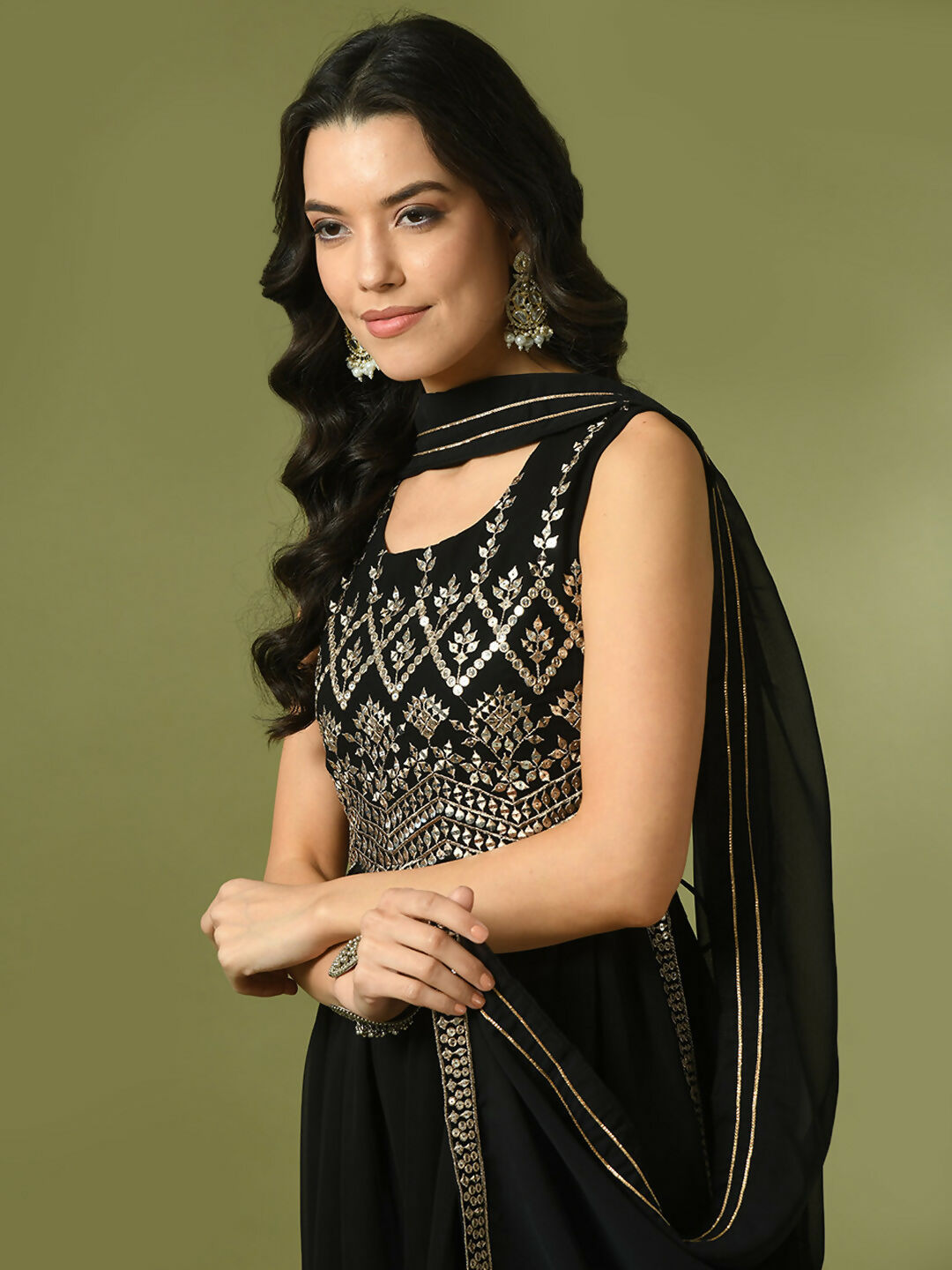 Myshka Women's Black Embroidered Georgette Anarkali Party Kurta Set With Dupatta | Grocsy