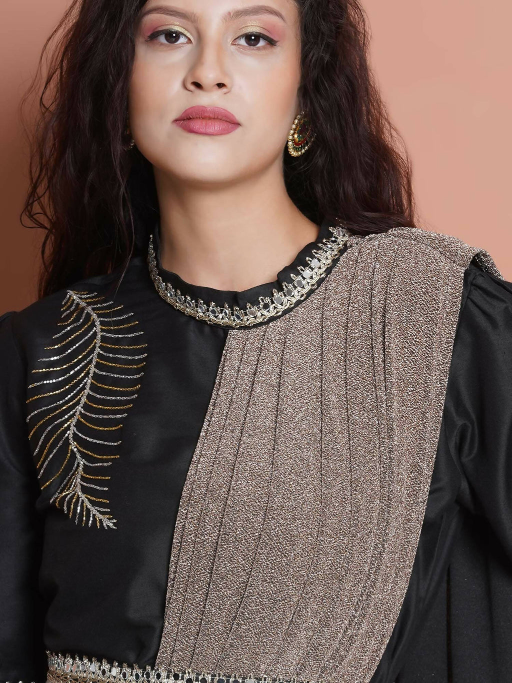 Women Republic Black Cotton Blended Set with Attached Drape | Grocsy