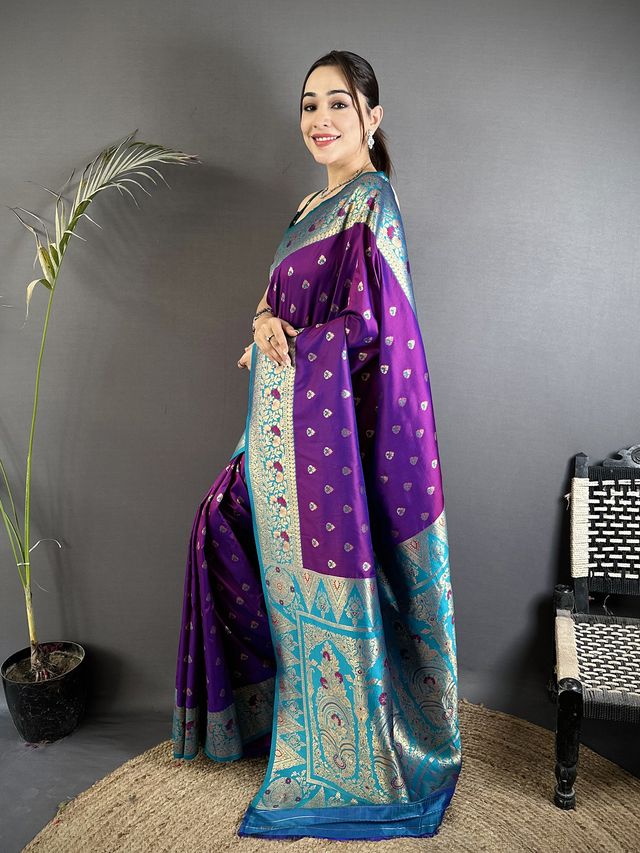Elora Purple Soft Silk Intricate Motifs Zari Weaving Banarasi Saree With Contrast Weaving Border | Grocsy