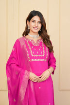 Pink Viscose Chanderi Embroidered Stitched Suit With Dupatta - Tanisha | Grocsy