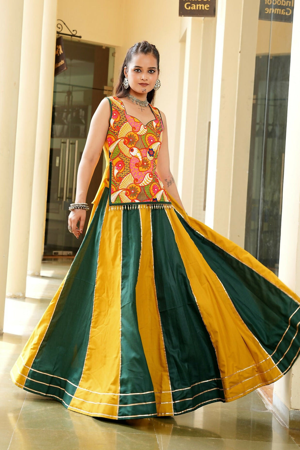 AI Fashion Mustard & Green Cotton Designer Navratri Wear Lehenga Choli Collection | Grocsy