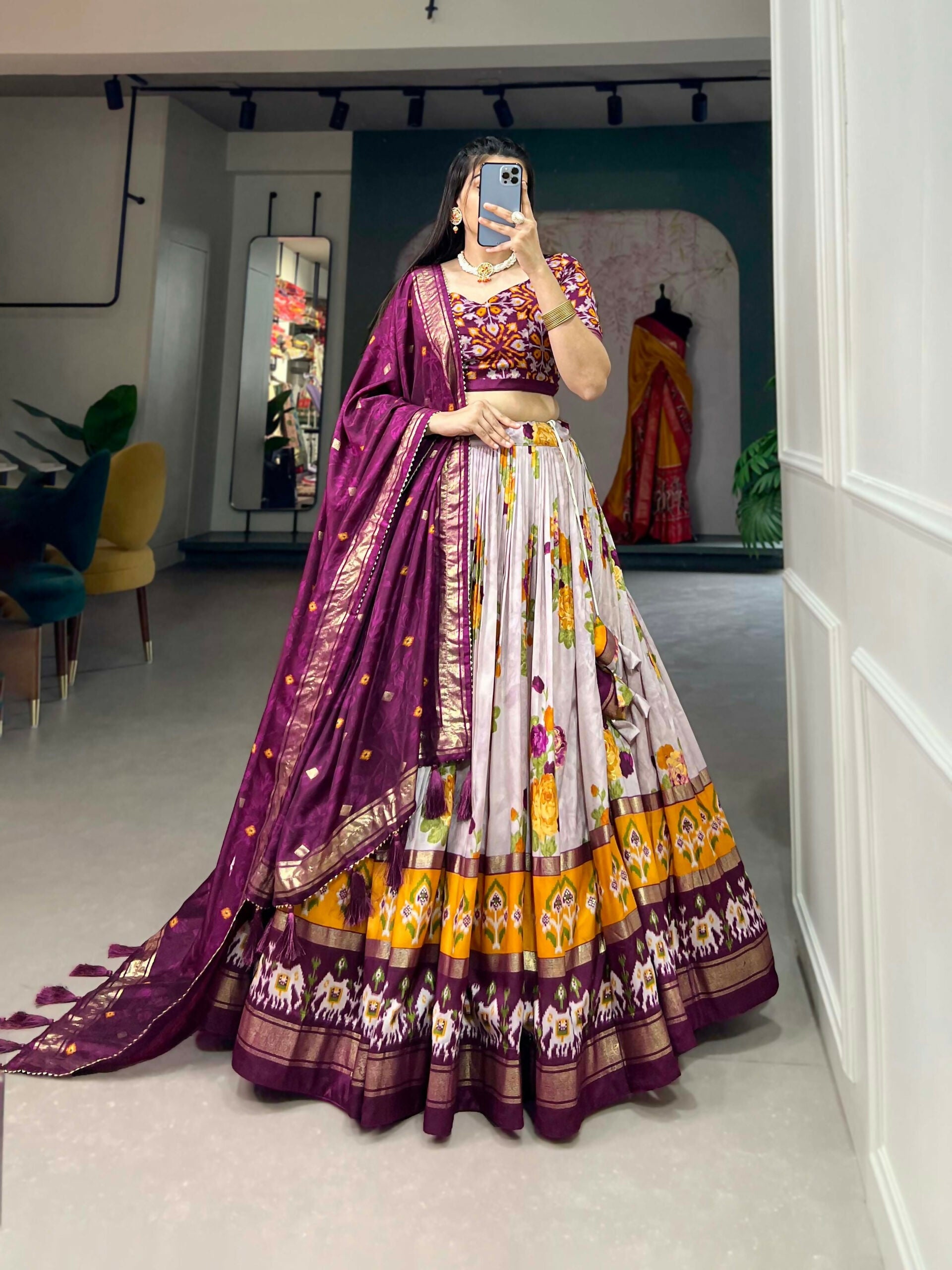 Vastranavya Floral And Patola Print With Foil Work Lehenga with Unstitched Blouse - Wine | Grocsy