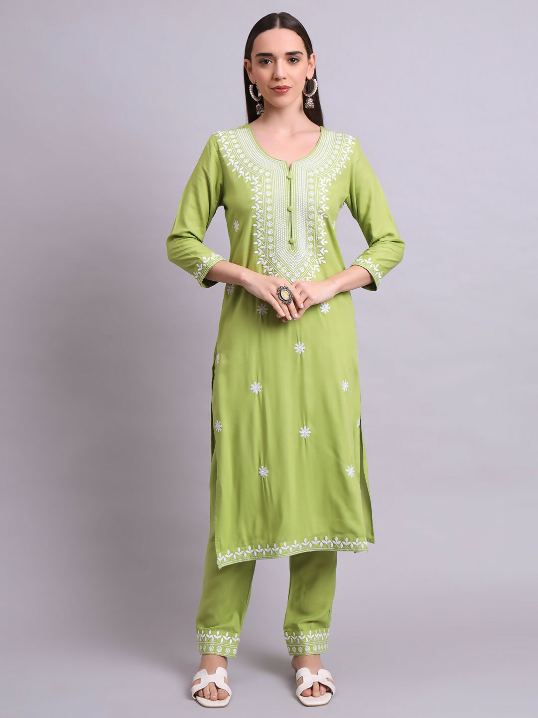 Joban Fashion Green Cotton & Embroidery Work Kurta With Trousers & Dupatta Set | Grocsy