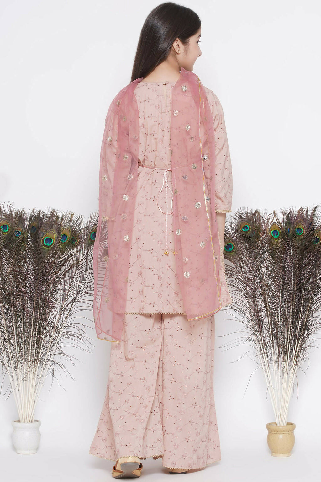 Little Bansi Floral Shiffli Kurta With Plazzo And Dupatta - Brown | Grocsy