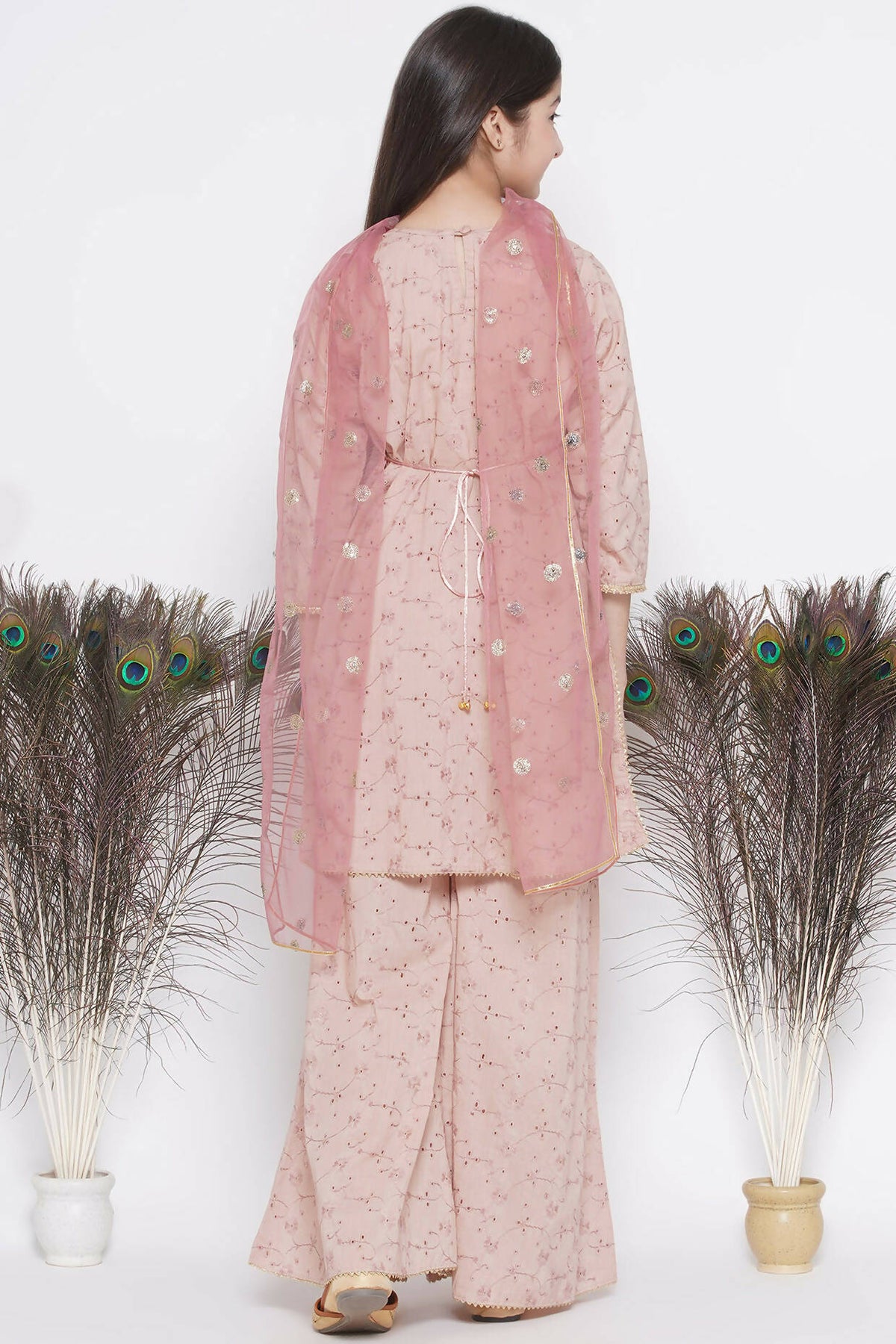 Little Bansi Floral Shiffli Kurta With Plazzo And Dupatta - Brown | Grocsy