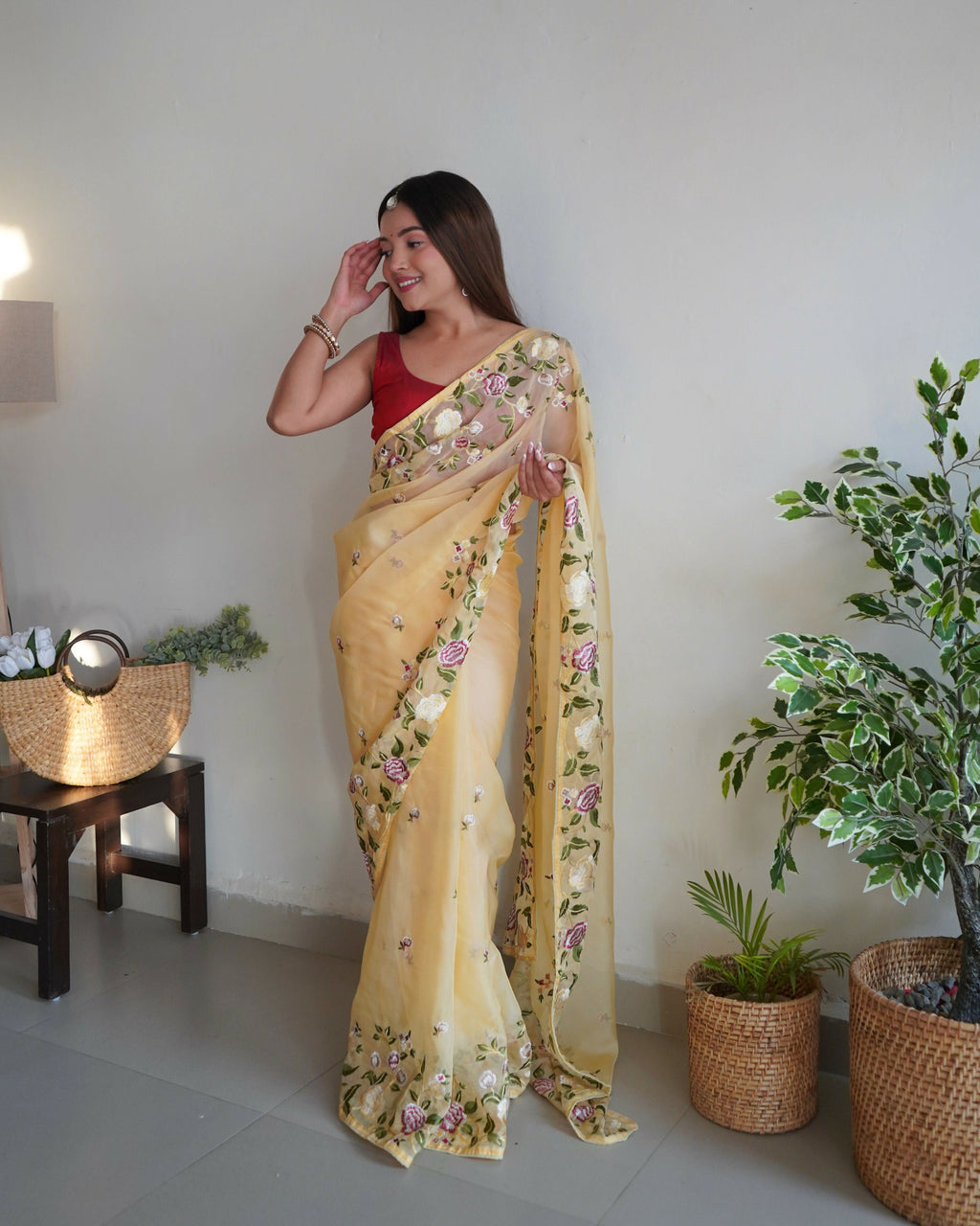 Vamsee Damini Yellow Gold Tebi Silk Saree | Grocsy