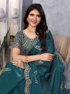 Vastranavya Teal Embroidery Work Shimmer Chiffon Saree with Unstitched Blouse | Grocsy