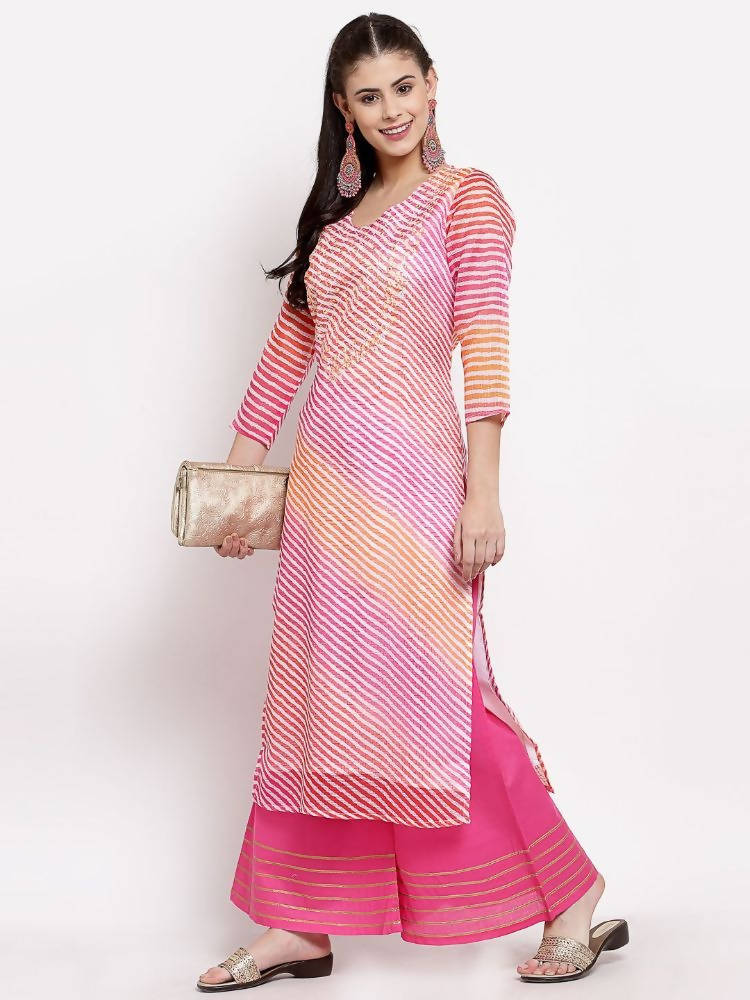 Myshka Women's Trendy Multi Cotton Printed 3/4 Sleeve Round Neck Casual Kurta | Grocsy