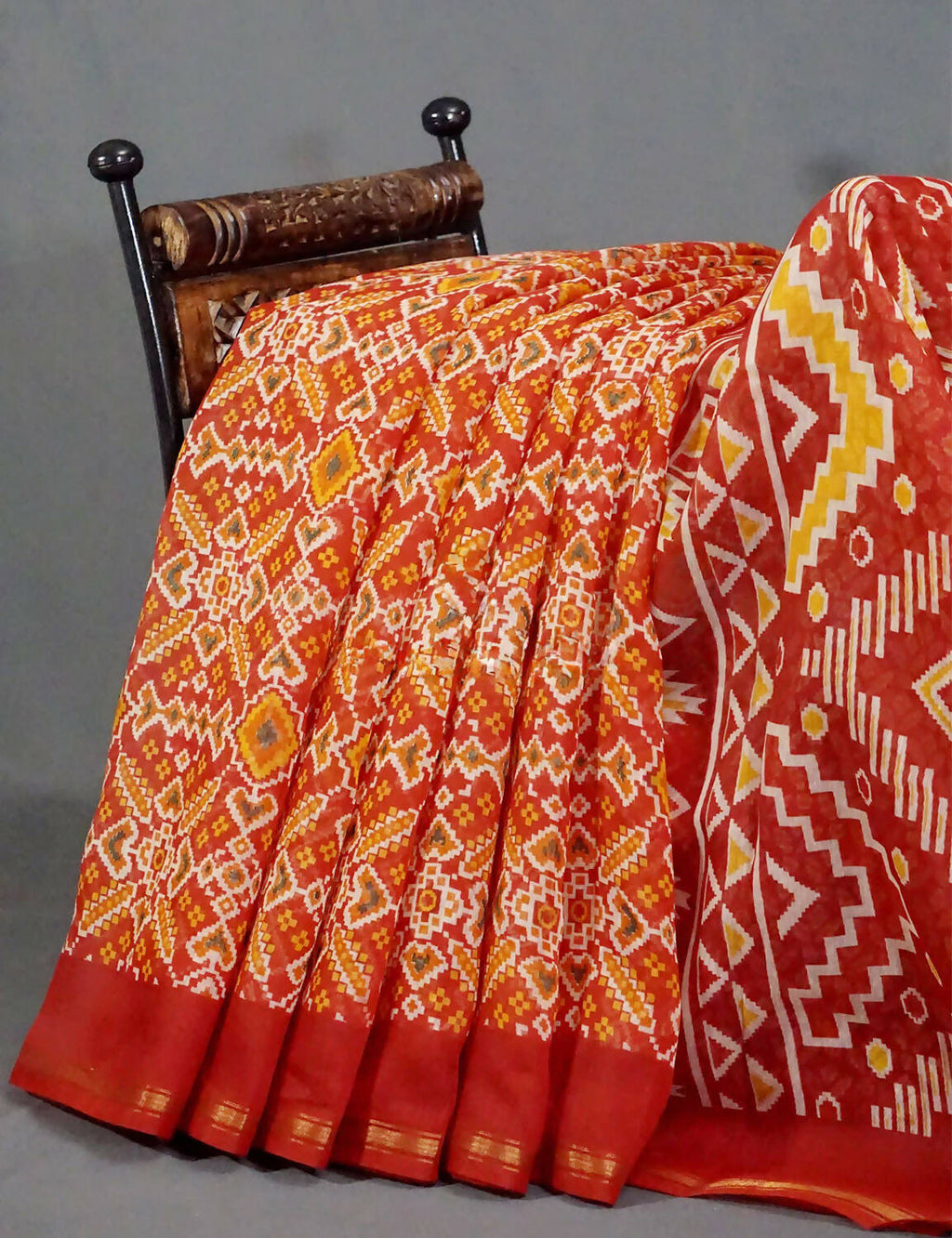 Red Colored Patola Print Semi Chanderi Saree By Gayathri Reddy Designer Studio | Grocsy