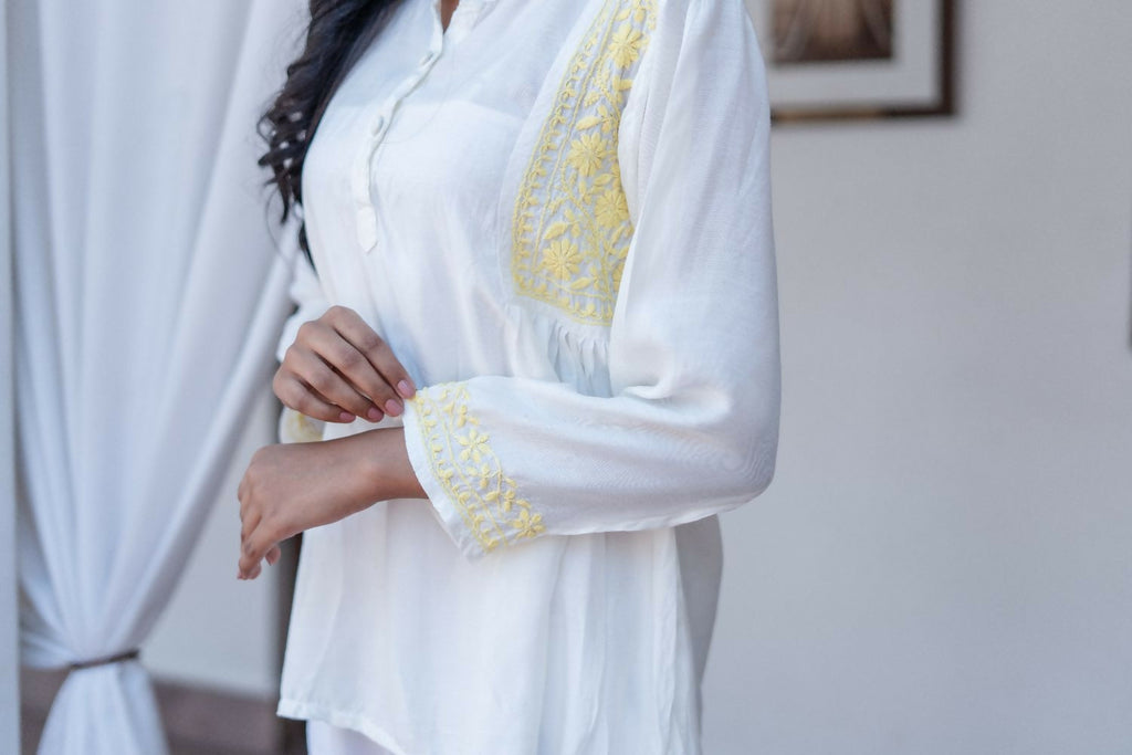 Zibaa Ivory & Yellow Muslin Short Chikankari Kurti | Grocsy