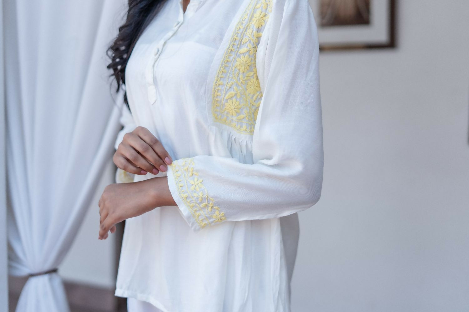 Zibaa Ivory & Yellow Muslin Short Chikankari Kurti | Grocsy