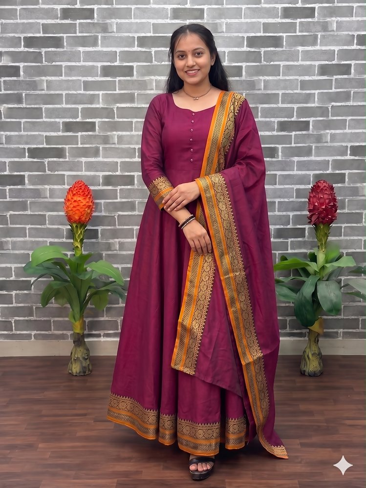 Teeya Creation New Trendy Stylish Wine Solid Anarkali Kurta with Traditional Golden Border Dupatta Set | Grocsy