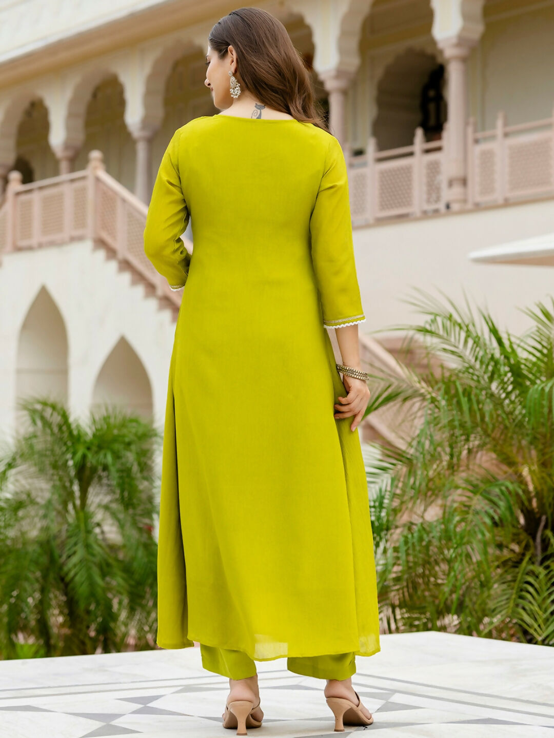 The52 Liril Women's Beautiful Embroidered work Chinon Fabric with Flared Kurta, Pant and Dupatta Set | Grocsy